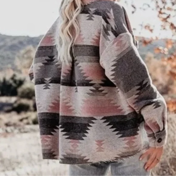 La Miel Aztec Oversized Raw Frayed Hem Jacket (S) - Picture 4 of 7